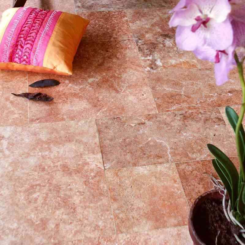 Pink unfilled travertine tiles and pavers
